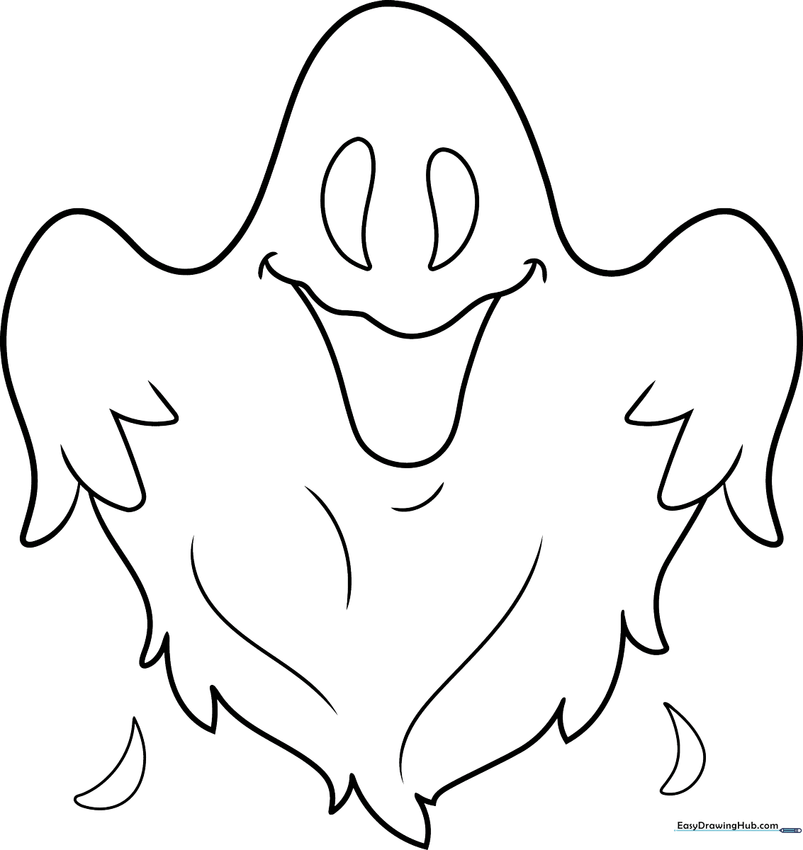 A friendly, cartoon-style ghost with large, expressive eyes and a simple outline, perfect for children to color with crayons or markers.