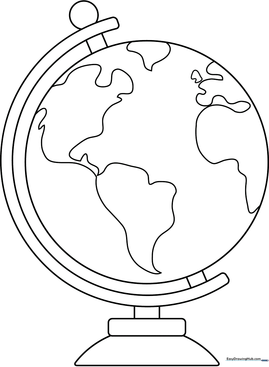 Simple line art of a globe on a stand, featuring clear outlines of continents for children to color and practice geography skills.