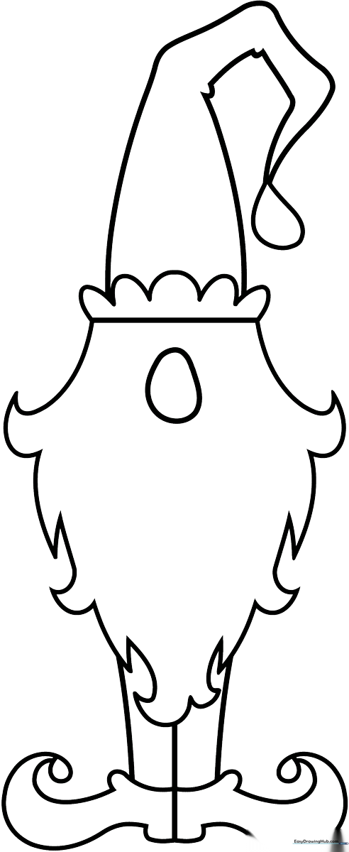 A friendly cartoon gnome with a tall pointed hat and a bushy beard, featuring thick, clear lines for easy coloring by children.