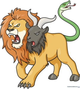 Step-by-step drawing guide for a Chimera, showing a lion body with goat and snake heads.