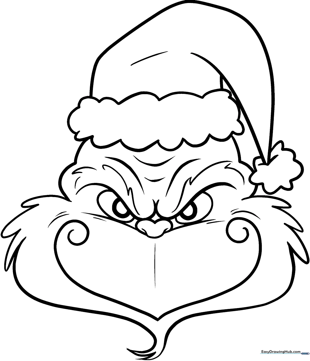 Black and white line art of the Grinch's face with a mischievous smirk, featuring bold outlines for easy coloring by children.