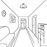 Black and white line art of a hallway showing one-point perspective, featuring a central vanishing point with lines receding into the distance for educational coloring.