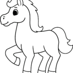 A friendly cartoon horse with a flowing mane and tail, featuring bold, thick outlines perfect for young children to color within the lines.