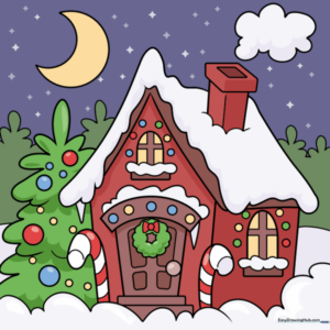 Step-by-step illustration of a decorated gingerbread house with snowy details and candy accents.