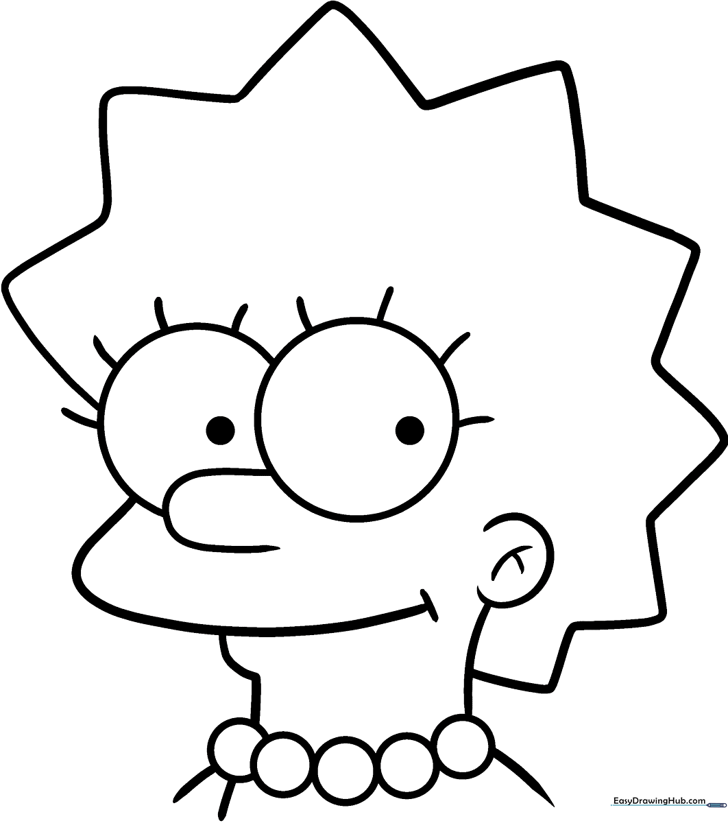 Black and white line art of Lisa Simpson’s head and shoulders, featuring her iconic spiky hair and pearl necklace, ready for coloring.