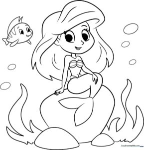 Black and white line art of Ariel the Little Mermaid with flowing hair, designed for children to color with markers or crayons.