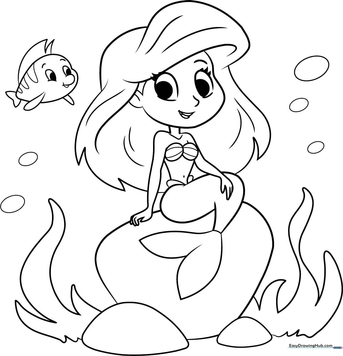 Black and white line art of Ariel the Little Mermaid with flowing hair, designed for children to color with markers or crayons.