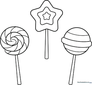 A clean, black-and-white line drawing of a round, swirled lollipop on a stick, featuring bold outlines perfect for young children to color.