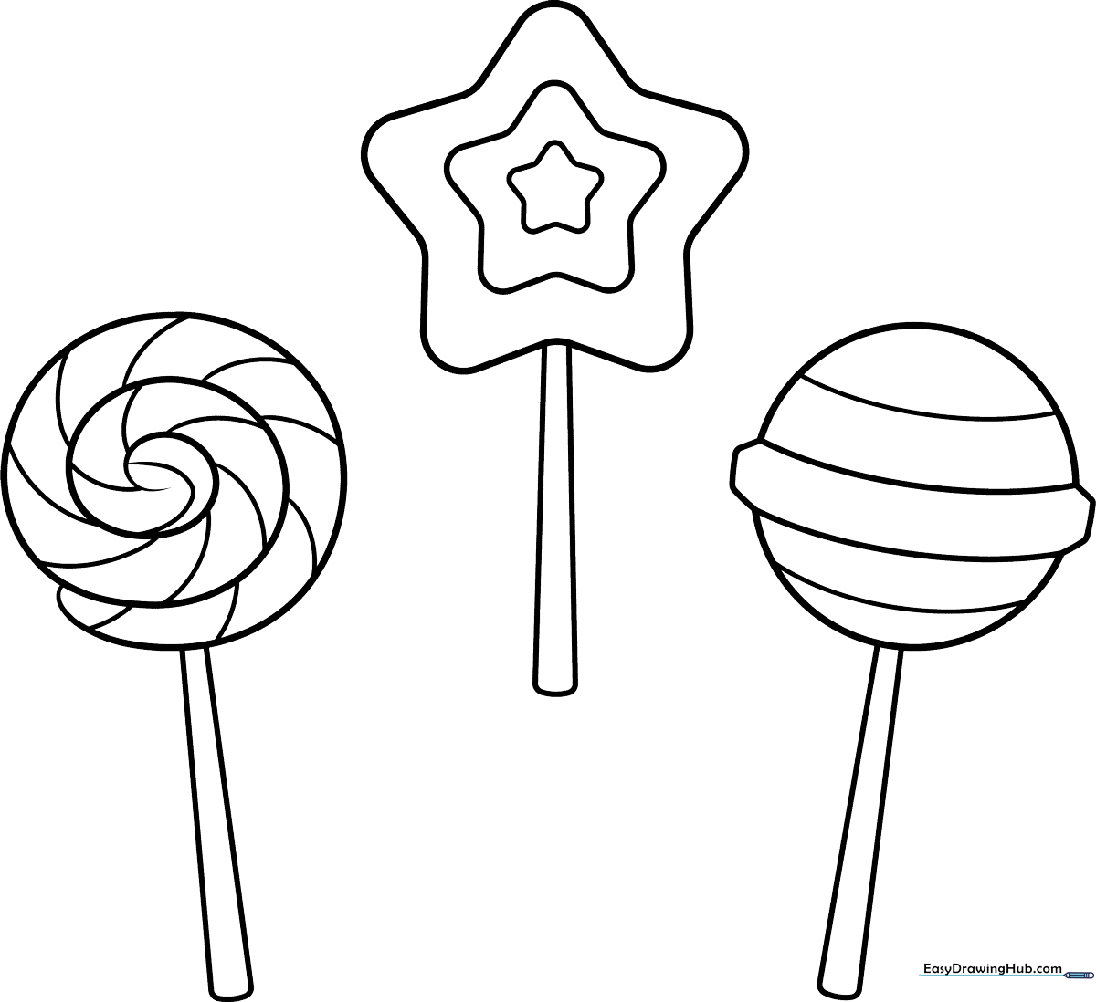 A clean, black-and-white line drawing of a round, swirled lollipop on a stick, featuring bold outlines perfect for young children to color.