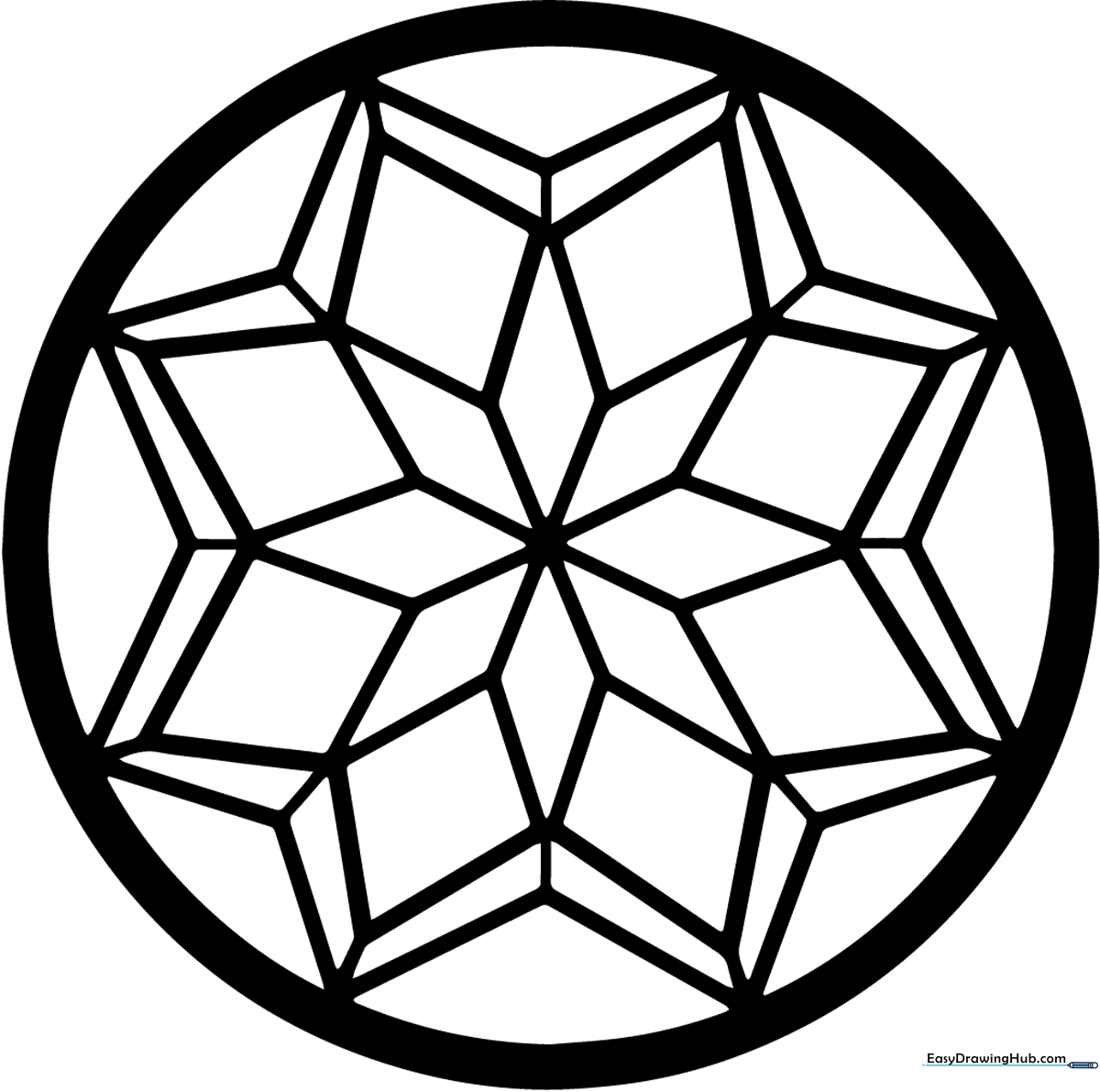 A symmetrical mandala line art design featuring large, easy-to-color geometric petals and circular layers, ideal for developing coloring precision in young children.