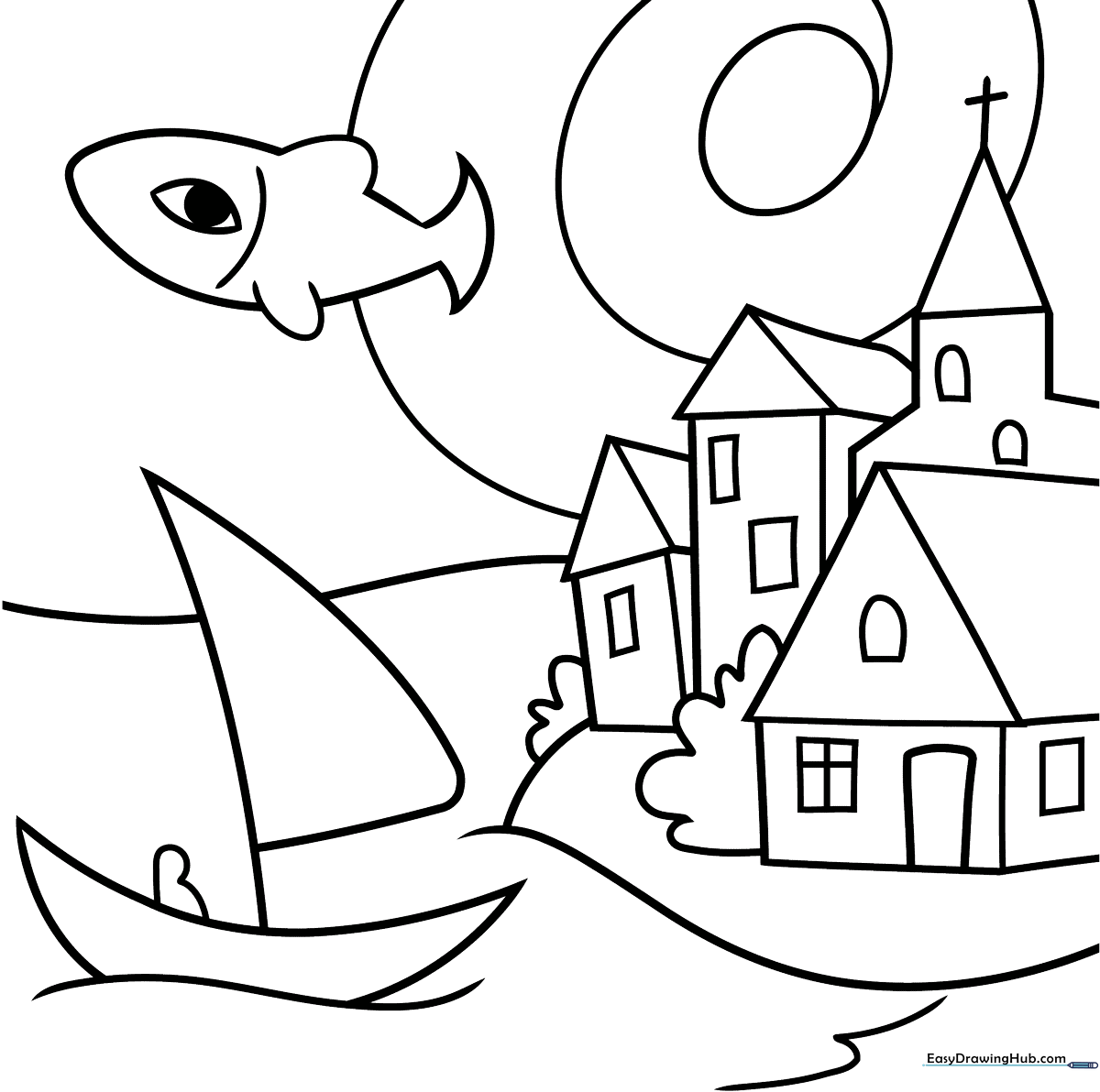 Black and white line art inspired by Marc Chagall, featuring whimsical floating figures and dreamlike landscape elements for children to color.