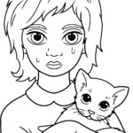 Printable coloring sheet featuring a stylized portrait with oversized, expressive eyes in the artistic tradition of Margaret Keane.