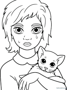 Printable coloring sheet featuring a stylized portrait with oversized, expressive eyes in the artistic tradition of Margaret Keane.