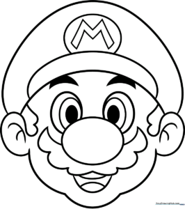 Black and white line art of Mario's face featuring his iconic cap, bushy mustache, and friendly smile, ready for coloring.