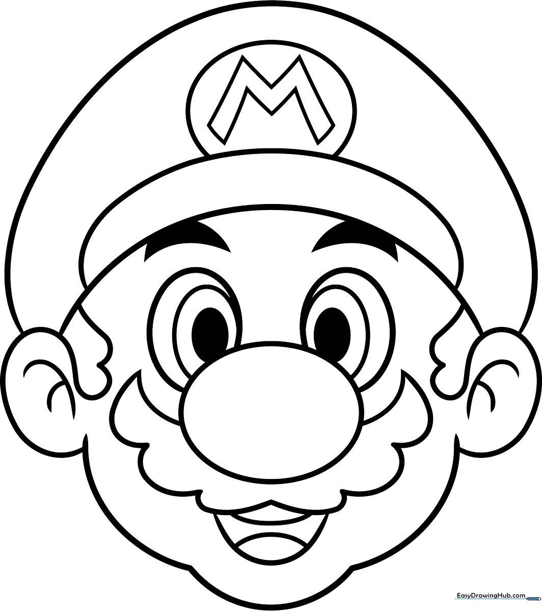 Black and white line art of Mario's face featuring his iconic cap, bushy mustache, and friendly smile, ready for coloring.
