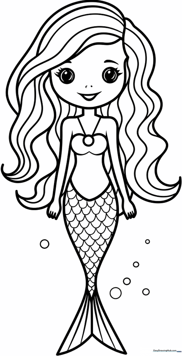 Black and white line art of a friendly mermaid with flowing hair and a detailed tail, designed for children to color.