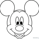 Black and white line art of Mickey Mouse's face featuring large circular ears and a friendly smile, optimized for children's coloring practice.