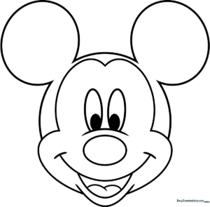 Black and white line art of Mickey Mouse's face featuring large circular ears and a friendly smile, optimized for children's coloring practice.