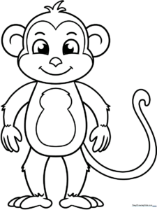 A simple, bold-lined cartoon monkey character sitting down, designed for children to color with clear spaces and friendly features.