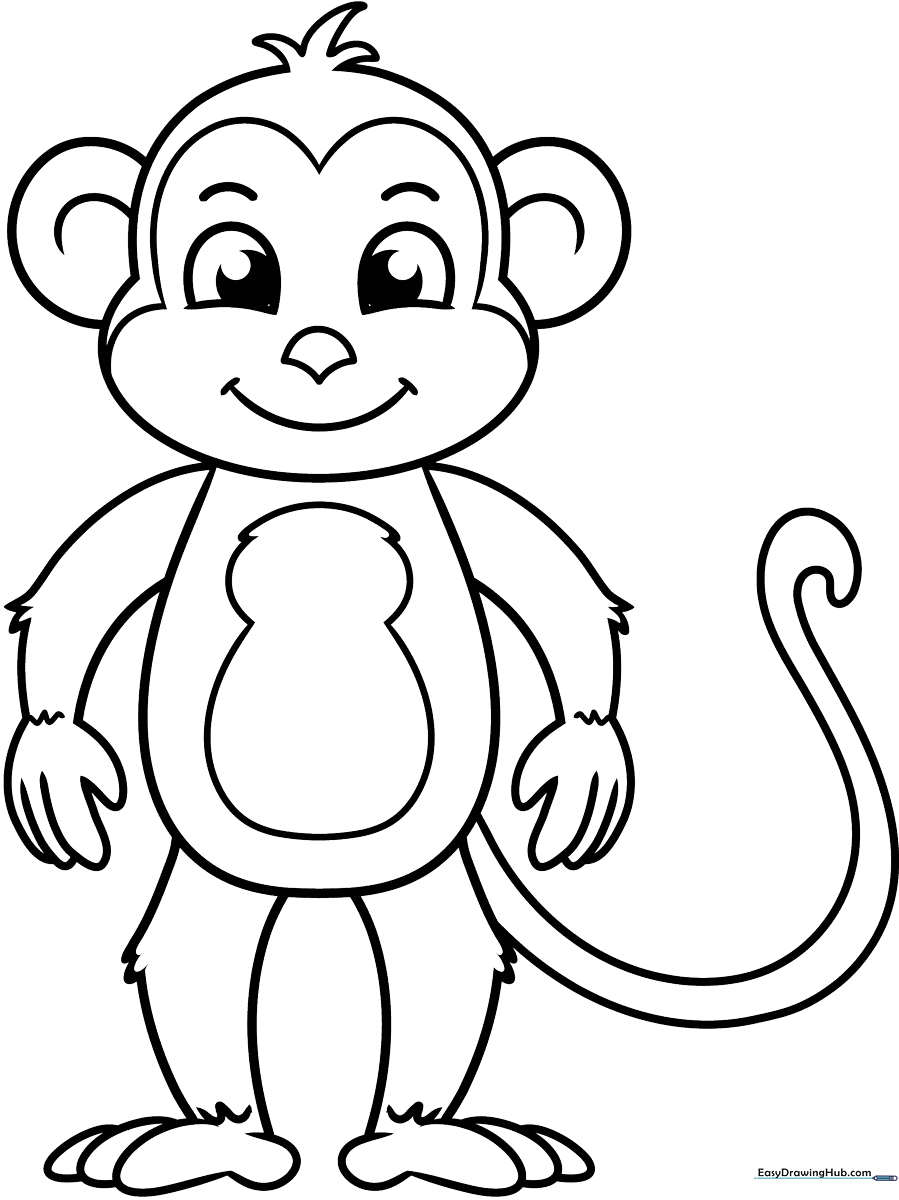 A simple, bold-lined cartoon monkey character sitting down, designed for children to color with clear spaces and friendly features.