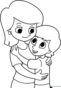 Line art illustration of a mother and son standing together, designed for children to color with markers or crayons.
