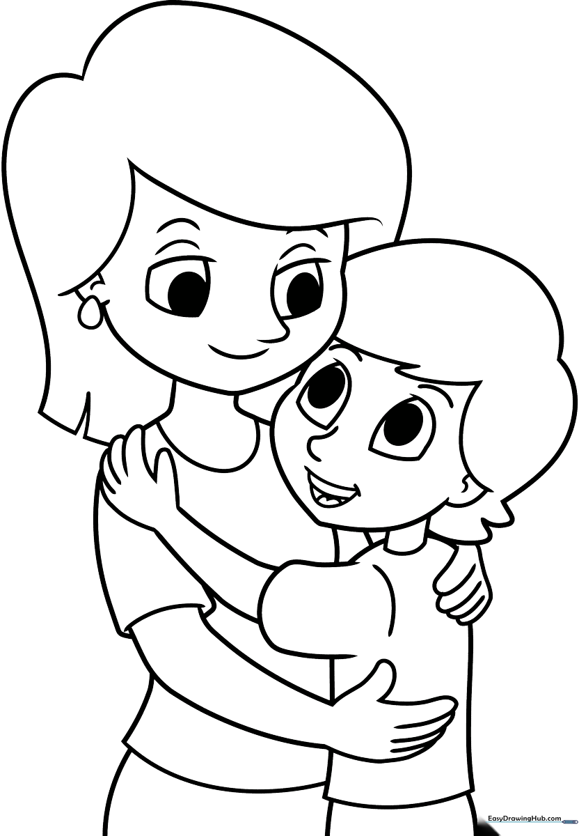 Line art illustration of a mother and son standing together, designed for children to color with markers or crayons.