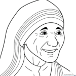 A clear, black-and-white line art illustration of Mother Teresa, featuring her iconic habit and gentle expression, ready for children to color.