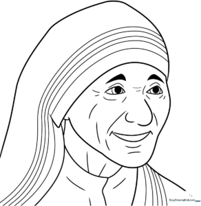 A clear, black-and-white line art illustration of Mother Teresa, featuring her iconic habit and gentle expression, ready for children to color.