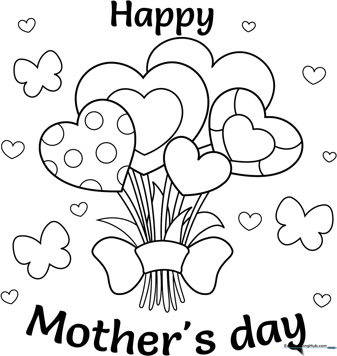 Black and white line art of a Mother's Day card featuring floral motifs and bold lettering, ready for children to color with markers or crayons.