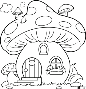 A clean, black-and-white line art illustration of a cute mushroom house with a round cap, a small door, and a window, ready for children to color.