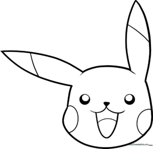 Black and white line art of Pikachu's face with large expressive eyes and iconic pointed ears, designed for children to color.