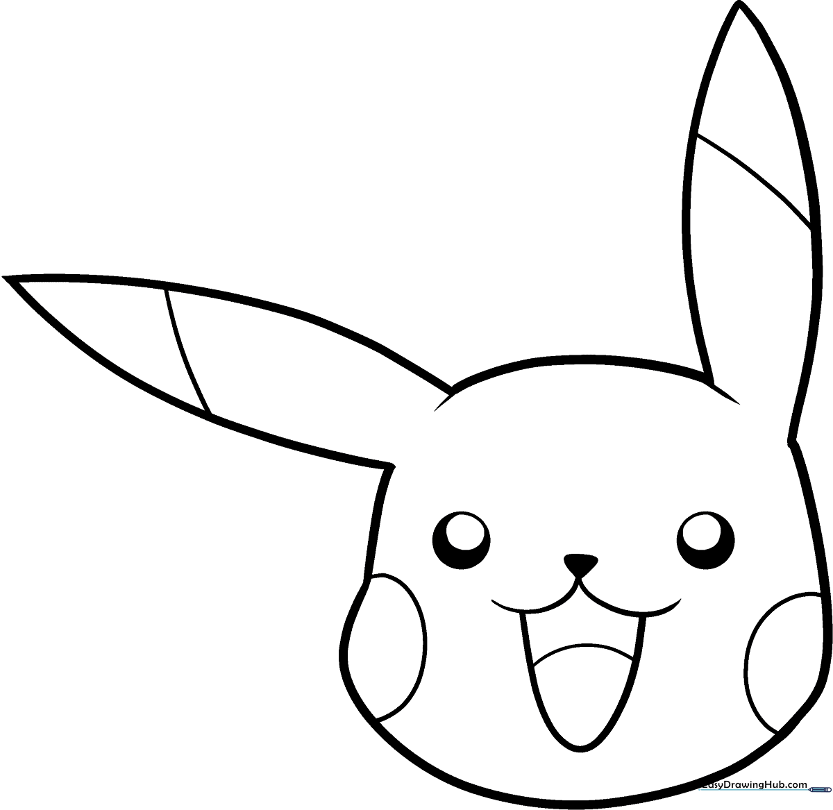 Black and white line art of Pikachu's face with large expressive eyes and iconic pointed ears, designed for children to color.