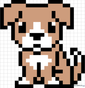 Pixel art dog design on graph paper showing blocky head and body shapes