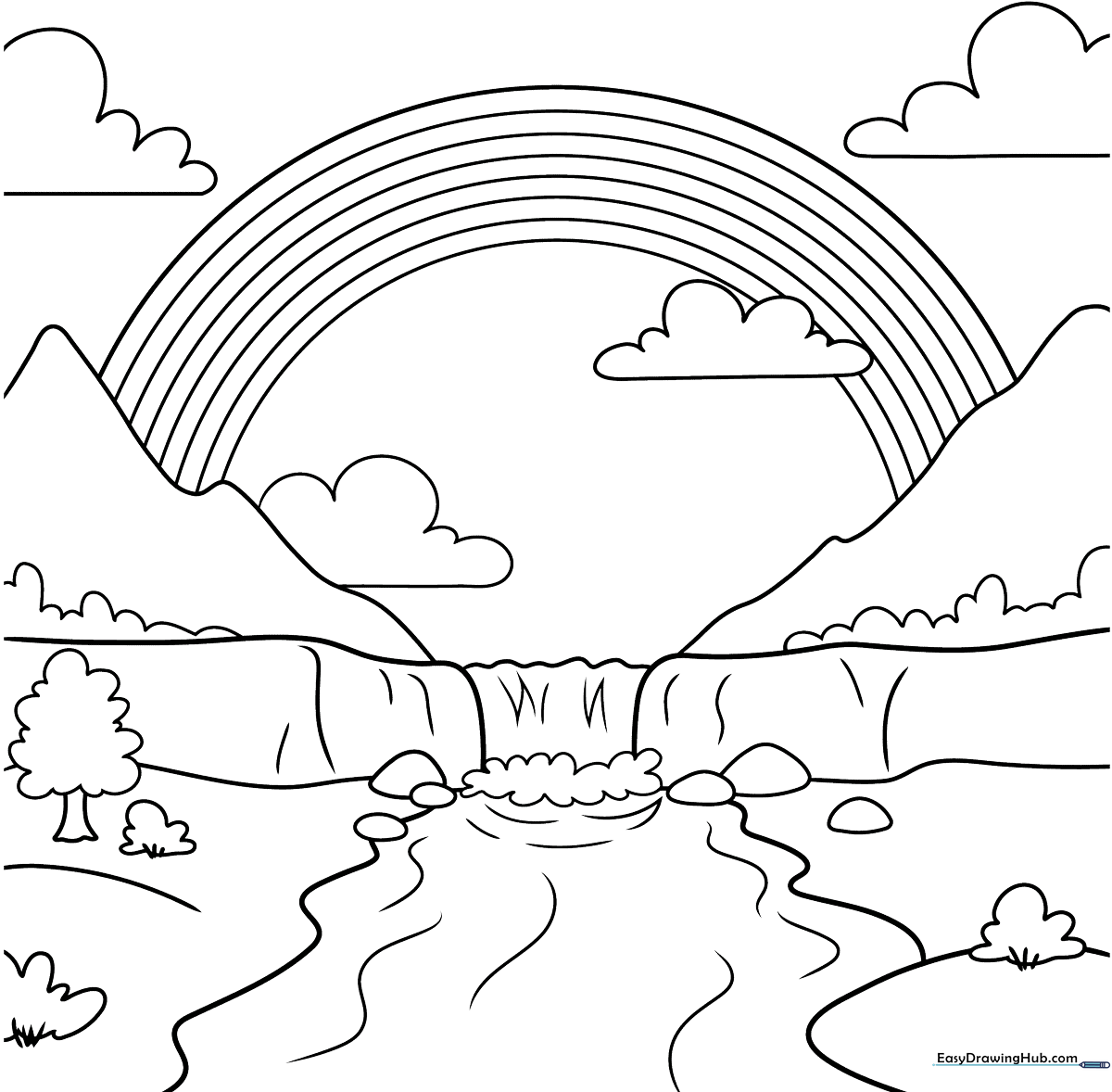 Black and white line art of a cheerful rainbow landscape featuring fluffy clouds and a bright sun, designed for children to color.