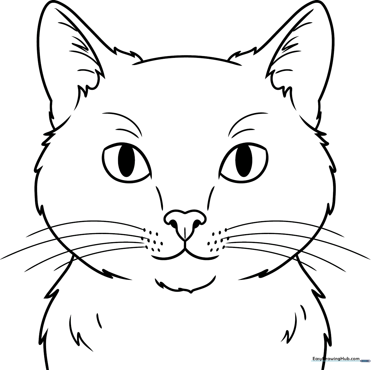 Black and white line art of a realistic cat face with detailed whiskers and expressive eyes, ready for coloring.