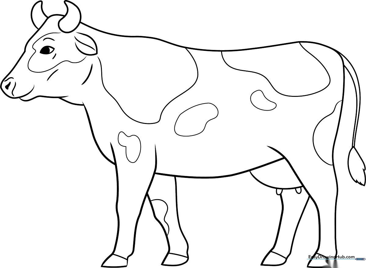 Black and white line art of a realistic cow standing in a field, featuring clear outlines for easy coloring and educational farm animal study.