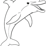 A clean, black-and-white line art illustration of a swimming dolphin, featuring realistic proportions and smooth curves, ready for coloring.