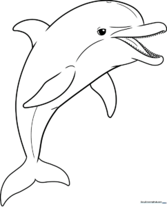 A clean, black-and-white line art illustration of a swimming dolphin, featuring realistic proportions and smooth curves, ready for coloring.