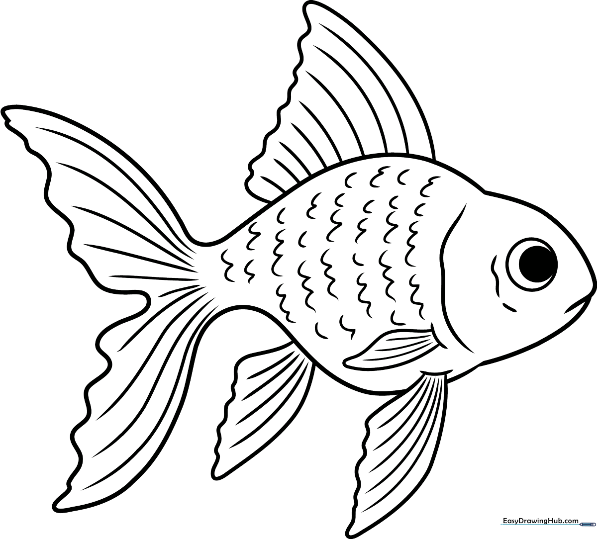 Black and white line art of a realistic goldfish with detailed scales and flowing fins, ready for coloring.