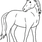 Black and white line art of a standing horse with realistic proportions, featuring clear outlines for easy coloring by children.