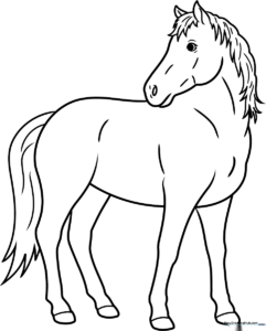 Black and white line art of a standing horse with realistic proportions, featuring clear outlines for easy coloring by children.