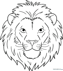 Black and white line art of a realistic lion profile, featuring detailed mane textures and clear outlines for children to color.