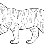 A detailed, realistic line-art illustration of a tiger standing in profile, featuring clear outlines for coloring the face, stripes, and muscular body structure.