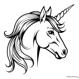 Line art of a standing unicorn with a flowing mane and tail, designed as a printable coloring activity for children.