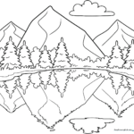 Black and white line art of a mountain range reflecting perfectly in a calm lake, designed for children to color.