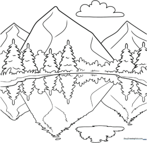 Black and white line art of a mountain range reflecting perfectly in a calm lake, designed for children to color.