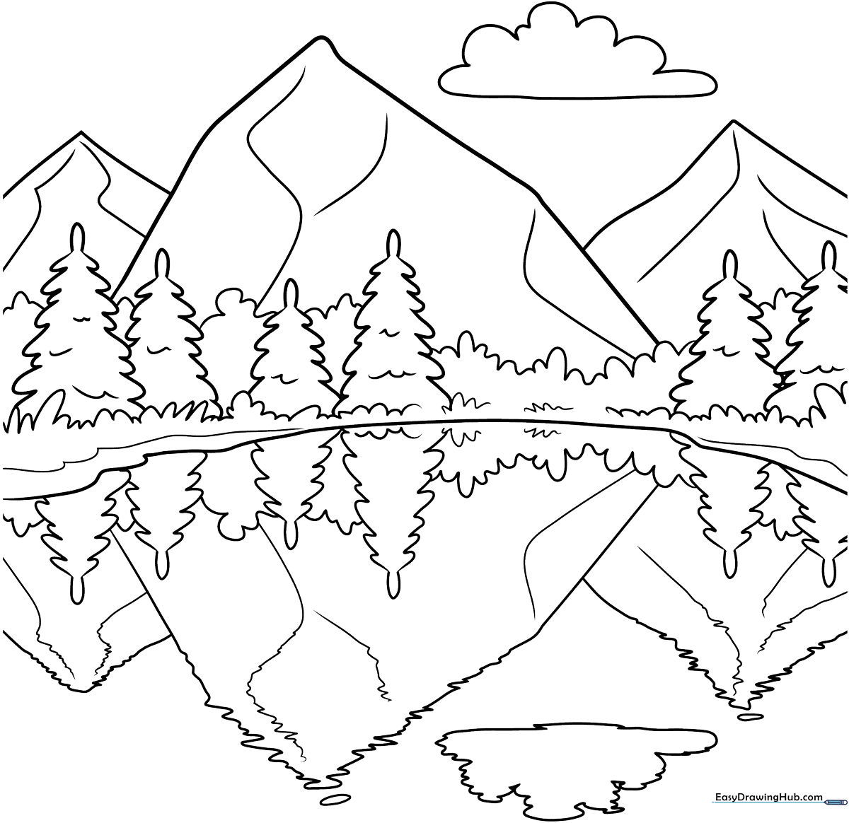 Black and white line art of a mountain range reflecting perfectly in a calm lake, designed for children to color.
