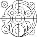 Black and white line art featuring concentric circles and geometric segments inspired by Robert Delaunay's Orphism style, designed for children to color.