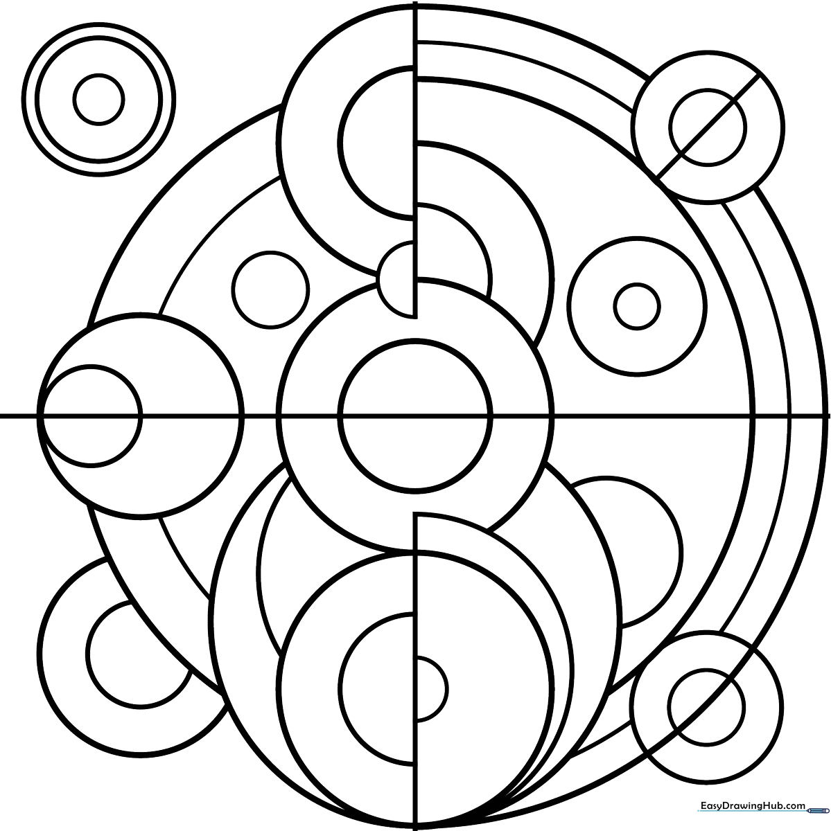 Black and white line art featuring concentric circles and geometric segments inspired by Robert Delaunay's Orphism style, designed for children to color.