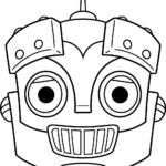Black and white line art of a friendly robot face with large circular eyes and a grid-patterned mouth, ready for coloring.